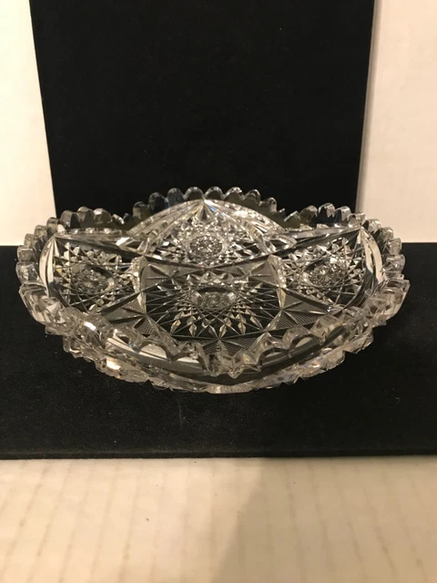 Vintage Beautiful American Brilliant  Cut Glass Shallow Bowl With Hobstars 7"