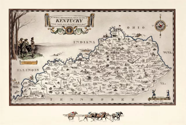 Pictorial Map of Kentucky Horses Derby Historical Wall Art Poster Print Decor