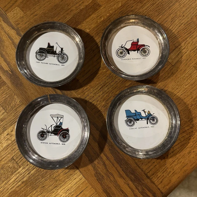 Set Of 4 Vintage Sheridan Silver Plate & Porcelain Assorted Car Coasters