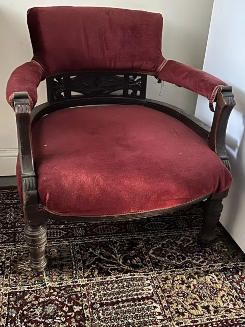 Vintage Curved Boudoir Tub Chair Antique Red Velvet Upcycle Project