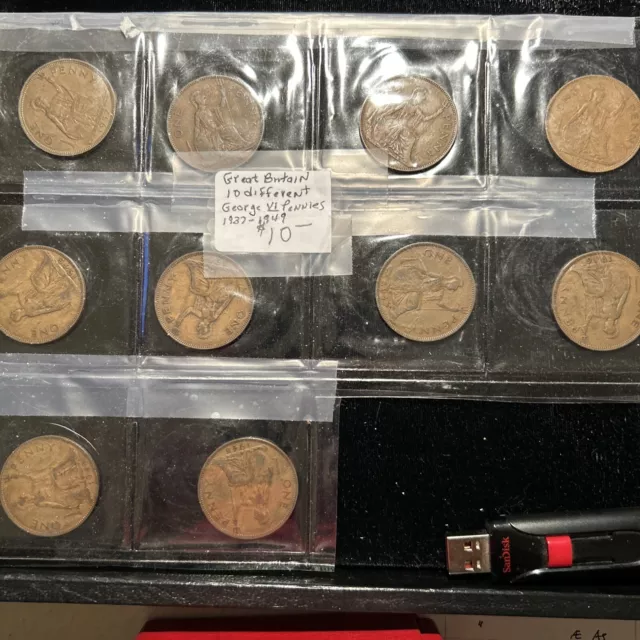 Great Britain set of 10 diff date George VI pennies Circ
