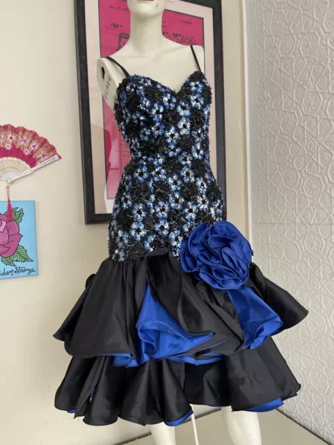 1980s Ultra Glam Sequin Prom dress-cocktail-blue-black-sequin-ruffle 2