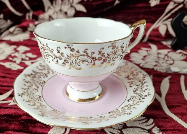 Vintage Royal Stafford Pink Gold Filigree Avon Shaped  Tea Cup and Saucer Duo