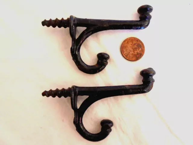 Lot of 2 antique Small Cast Iron Screw In Double Coat Hooks