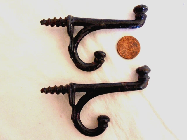 Lot of 2 antique Small Cast Iron Screw In Double Coat Hooks