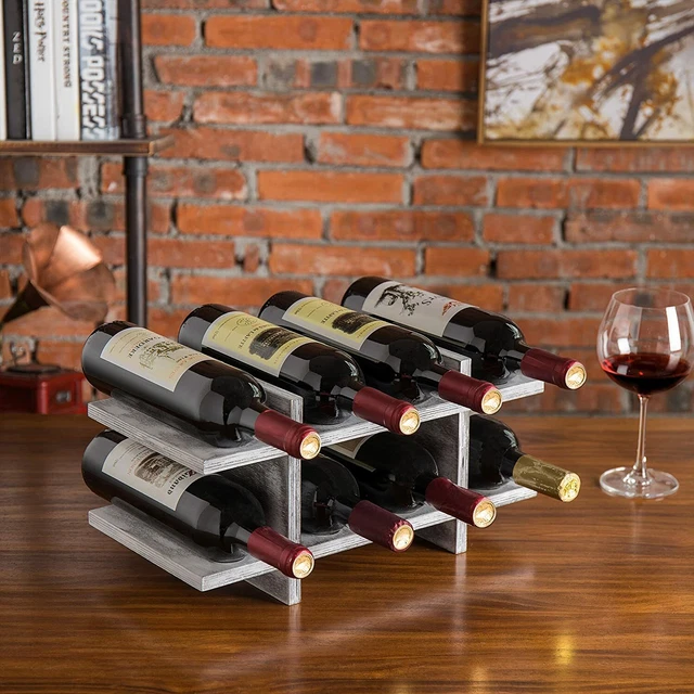 8-Bottle Rustic Design Gray Washed Wooden Wine Tabletop Display Storage Rack