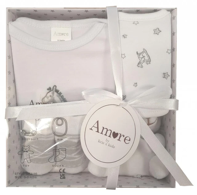 Newborn Baby Gift Set Boxed White Grey Layette Clothes Boy Girl Unisex 0-3 Month