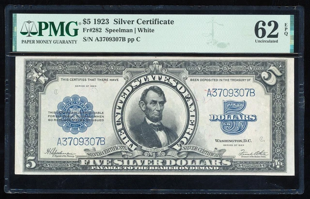 Fr.282 1923 $5 Silver Certificate Pmg62 Epq Unc "Porthole" Note