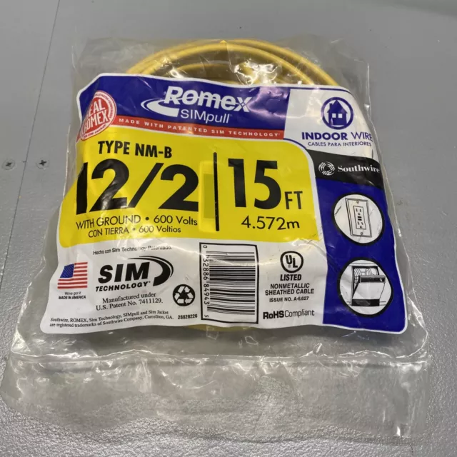 Southwire Romex SIMpull 12/2 15ft CU NM-B W/Ground Solid Copper Wire 28828226