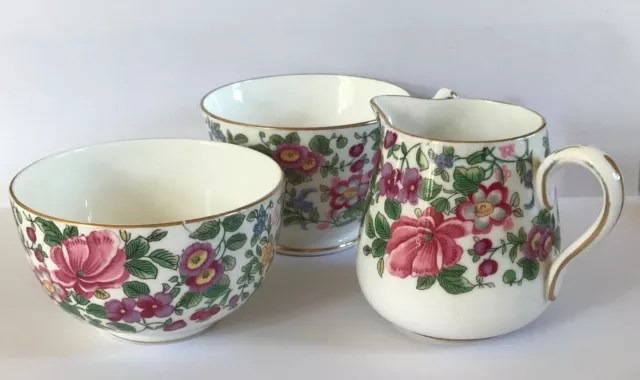 Vintage Crown Staffordshire “ Thousand Flowers “ Tea Cup Milk Jug and Sugar bowl