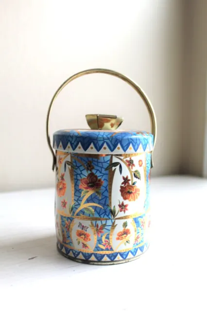Vintage 30s Lithograph Tin Tea Box Candy Barrel England + Lid + Handle 5" Tall