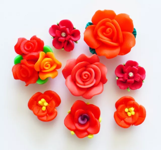 10 pcs Mixed Red Clay Flowers Cute Flat Back Resin Decoden Cabochons