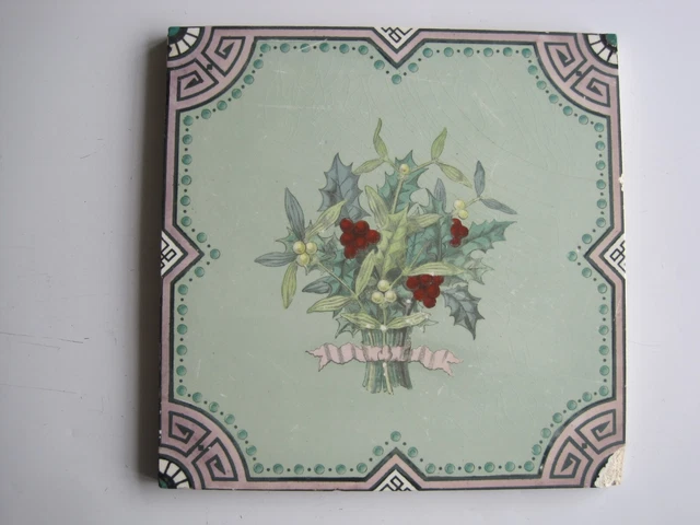 8" Sq. Antique Minton Hollins Floral Seasons Tile - Winter (Holly Etc) C1870
