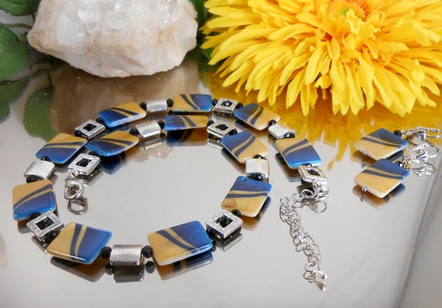 2er Set Collier + Ohrringe aus schimmerndem Perlmutt Blau Gelb