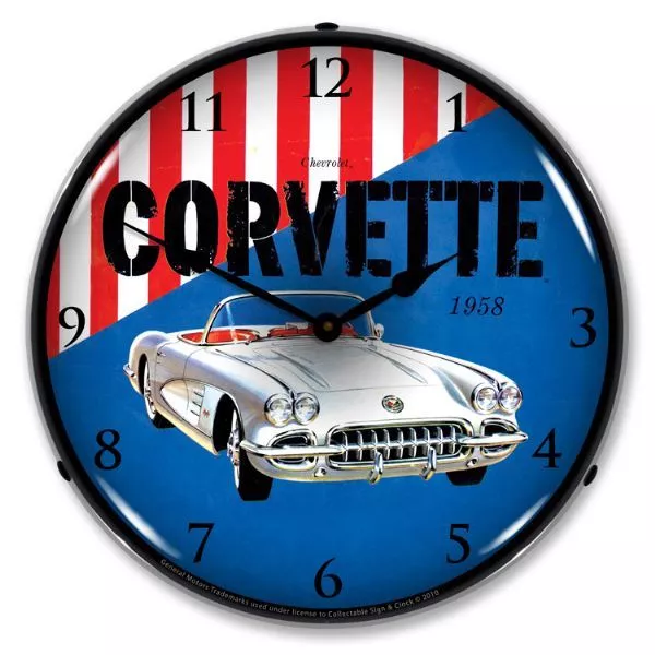 14" Double Bubble 1958 Chevrolet Corvette Retro BackLit Garage Clock GM1002239