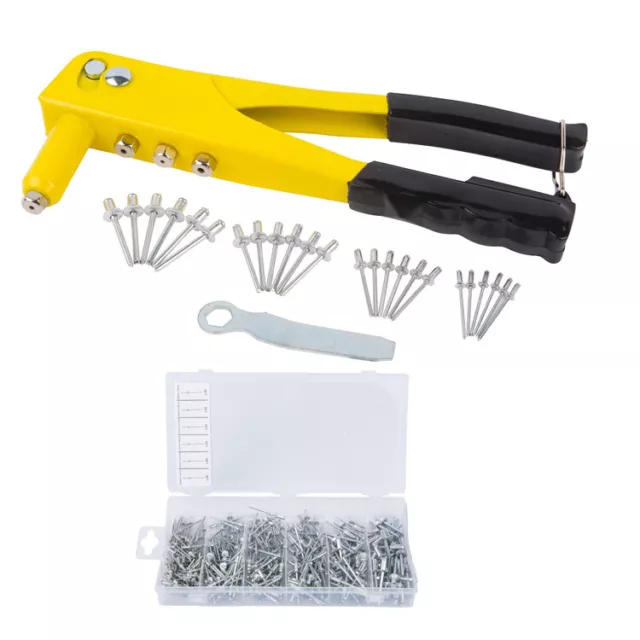 Heavy Duty Hand Rivet Gun 4 Head Nozzle Riveter Plus 380 Assorted Pop Rivets