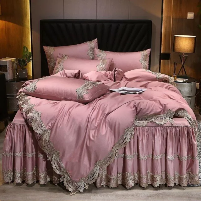 Lace Egyptian Cotton Bedding Set Duvet Cover Bedskirt Pillowcase Queen King Size