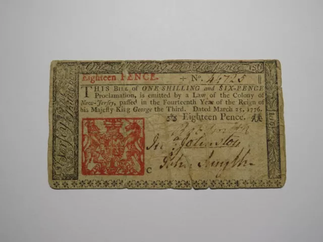 1776 Eighteen Pence New Jersey NJ Colonial Currency Note Bill! RARE ISSUE 18d
