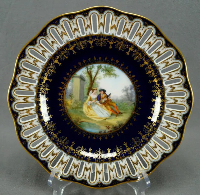 Klemm Dresden Hand Painted Watteau Scene Cobalt Gold Reticulated 9 1/2 " Plate