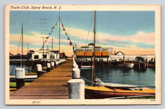 Long Beach NJ Spray Beach Haven Yacht Club Sailboat Dock Linen Vtg Postcard View