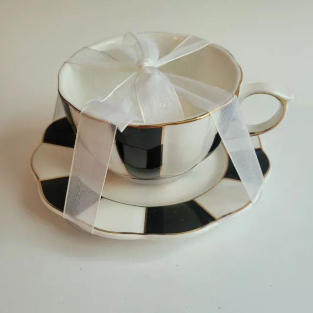 Grace's Teaware Cup & Saucer - Black White Pattern with Gold Edges - Never Used!