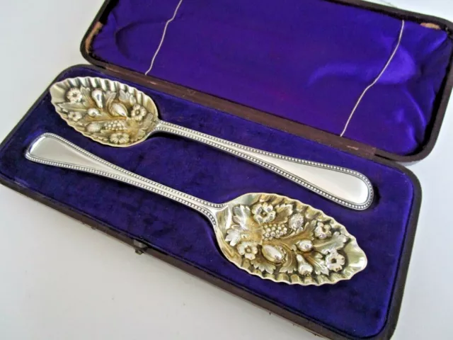 Cased Pair Victorian Silver Plated Berry Serving Spoons, Circa 1890