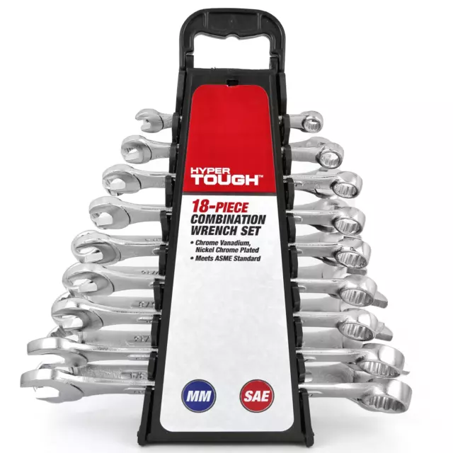 Hyper Tough 18-Piece Combination Wrench Set, Metric & SAE,New