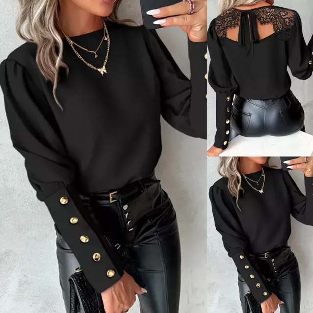 Women Sexy Lace Backless Shirts Tops Ladies Long Sleeve Buttons OL Office Blouse