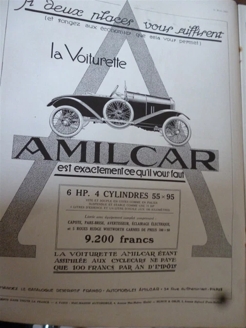 AMILCAR voiturette 6 HP 4cylindres publicité papier ILLUSTRATION NOEL 1921