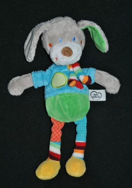 Peluche Doudou Chien Patchwork MOTS D'ENFANTS Lapin Bleu Vert Echarpe Rayé 29Cm