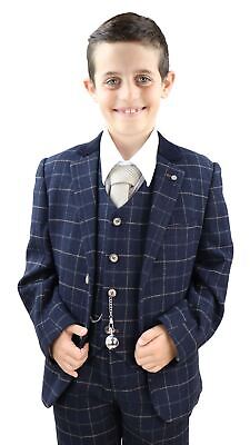 Boys 3 Piece Suit Navy Tweed Check Blinders Vintage Kids Classic 1920s