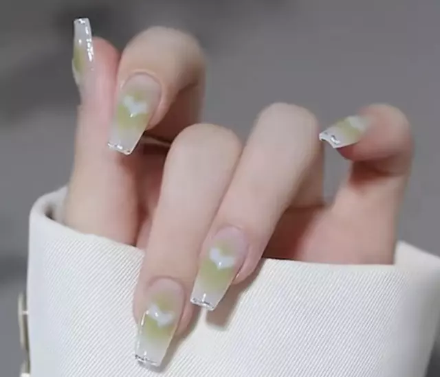 Green White Love Heart Glitter Tips Press On Nails Fake Nails Reusable Nails
