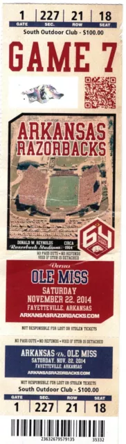 Arkansas Razorbacks SEC Football Ticket Stub Ole Miss 2014 Razorback Stadium