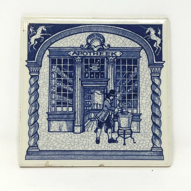 Vintage Royal Delft Apotheek Apothecary Tile Blue White Trivet Unicorn Dutch USA