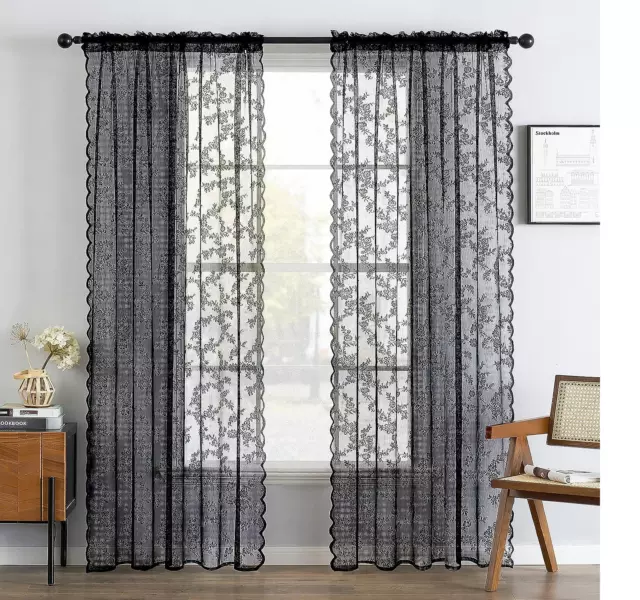 Floral Sheer Lace Window Curtain Panel Decorative Drapes Set of 2 Panels