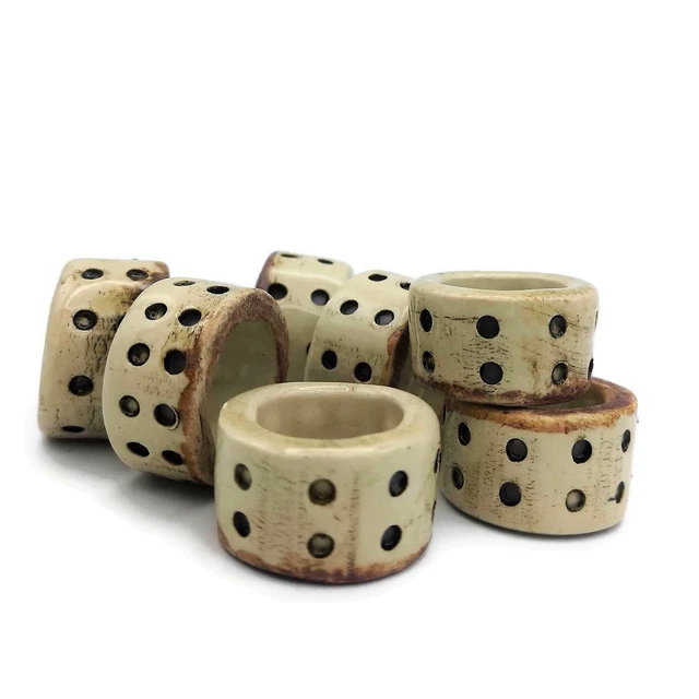 8Pc Artisan Large Hole Tube Beads, Beige Handmade Ceramic Macrame Beads Textured