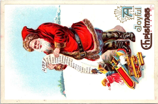 Full Length SANTA Checking His List, CHRISTMAS Greetings Postcard