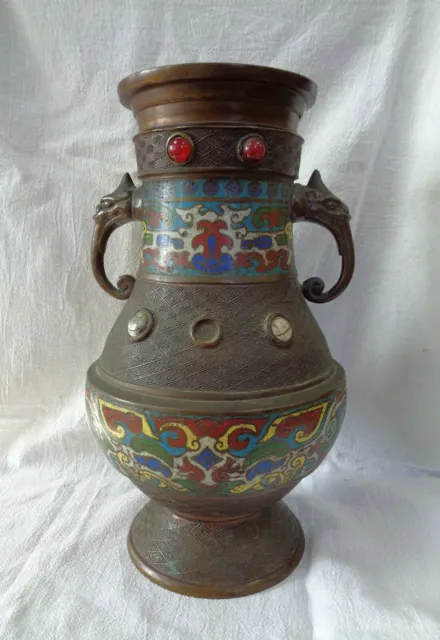 MID to LATE 1800s JAPAN BRONZE with CHAMPLEVE Enamel VASE Beast HANDLES Signed