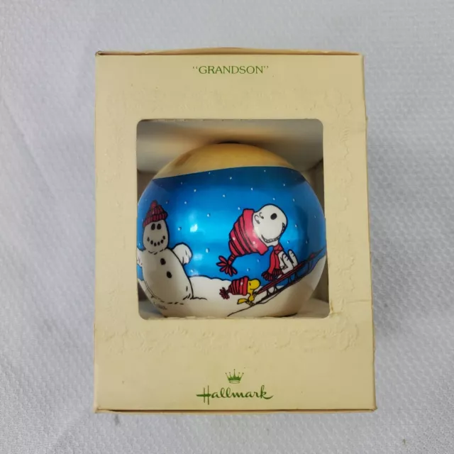 Hallmark Keepsake Snoopy Peanuts  Grandson Christmas Satin Ball Ornament 1979