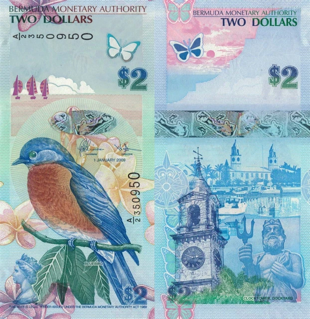 Bermuda 2 Dollars (2009) - Bird, Clock Tower, p-57b, A-1 Prefix UNC