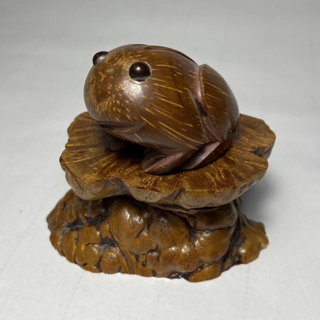 Hand Carved Frog Nut Seed Pod Wood With Wooden Base Figurine Unusual Vintage
