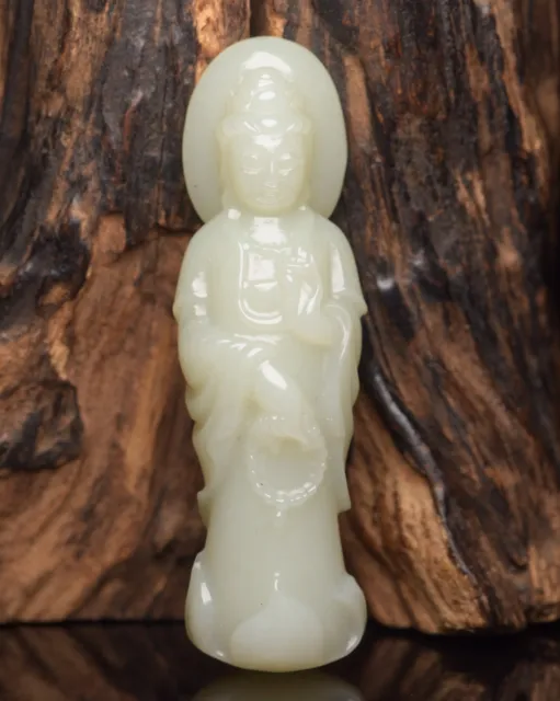 3.6 "Chinese Natural Hetian Jade Carved Guanyin Statue Collection Fine Figurines