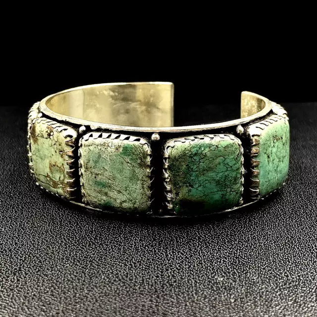 Vintage Silver Green  Turquoise Large Wide Cuff Bracelet