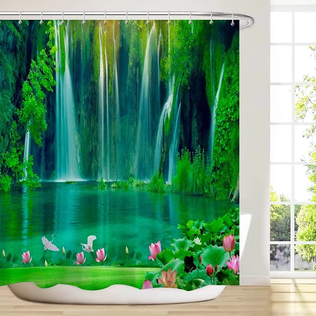 Landscape Shower Curtain Fabric, Tropical Forest Trees Waterfall Lake with Lotus