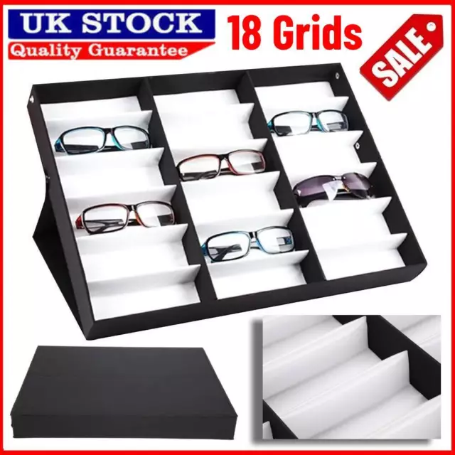 18 Grids Sunglasses Storage Glasses Retail Display Box Case Holder Tray Black