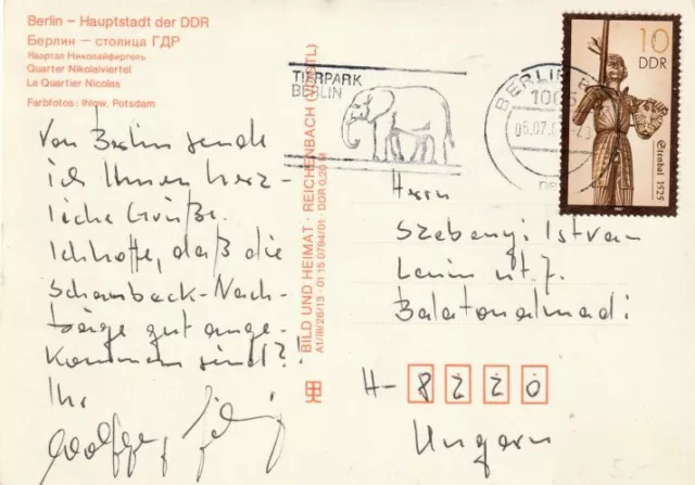 RDA, postal Nikolaiviertel con sello de máquina "Tierpark Berlin" elefante