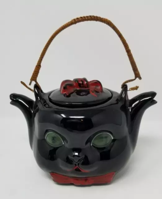 VTG RARE Shafford Redware Black Cat Double Spout Teapot Bamboo Handle Green Eyes