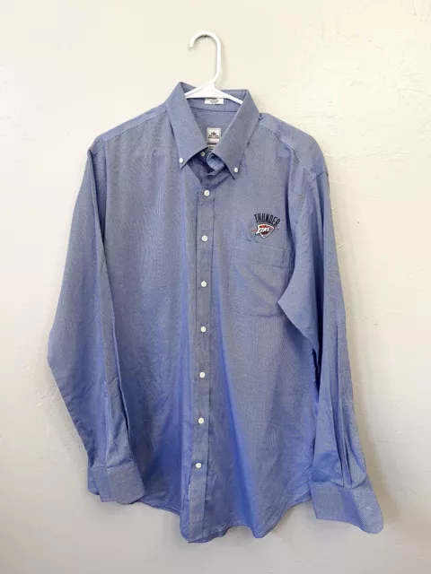 Peter Millar Nanoluxe Blue White Check Long Sleeve Button Mens Large OKC Thunder