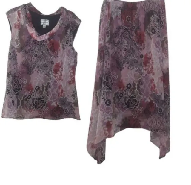 VINTAGE KARIN STEVENS 2 Piece Purple Floral Chiffon Skirt Set Size 16 ...