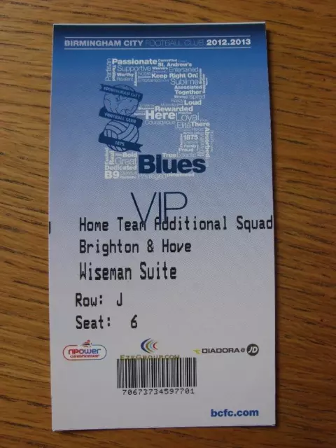 19/01/2013 Ticket: Birmingham City v Brighton And Hove Albion  (VIP Pass - Home